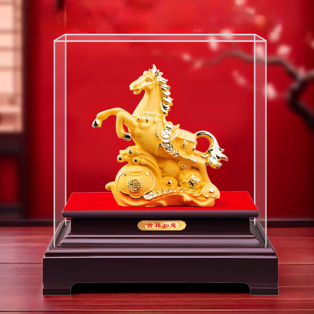 Patung Kuda Box Kaca Akrilik Kado Souvenir Imlek Murah Patung Emas Golden Dekorasi Pajangan Emas Mur