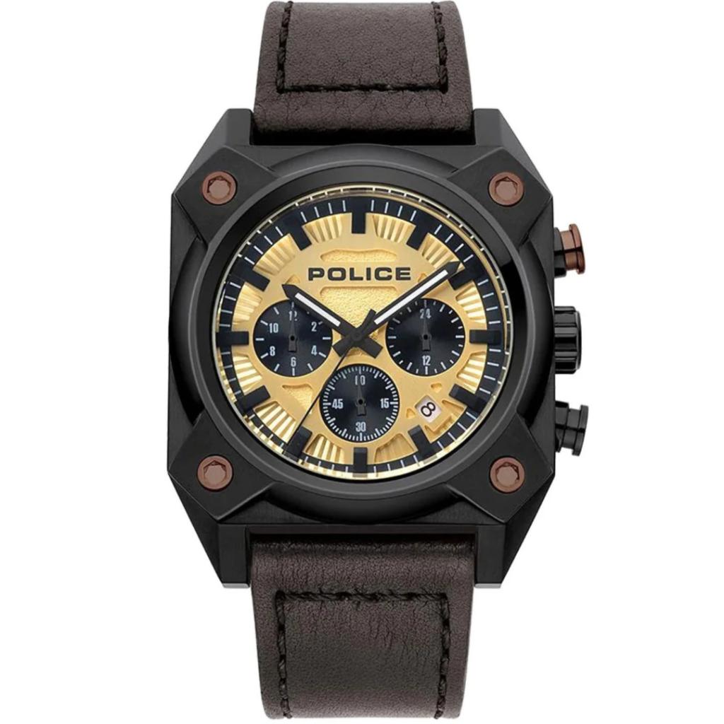 Jam Tangan Pria Police Rennes Chronograph Gold Dial Brown Leather Strap PL.15729JSB/14 Original