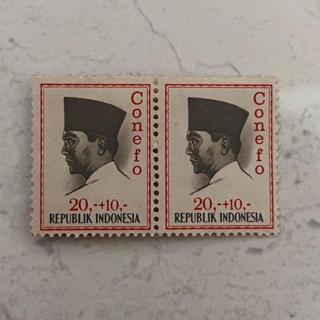 [Set 2 Lembar] Perangko Indonesia Kuno 20+10 Rupiah Soekarno CONEFO 1965 Mint - Stamp
