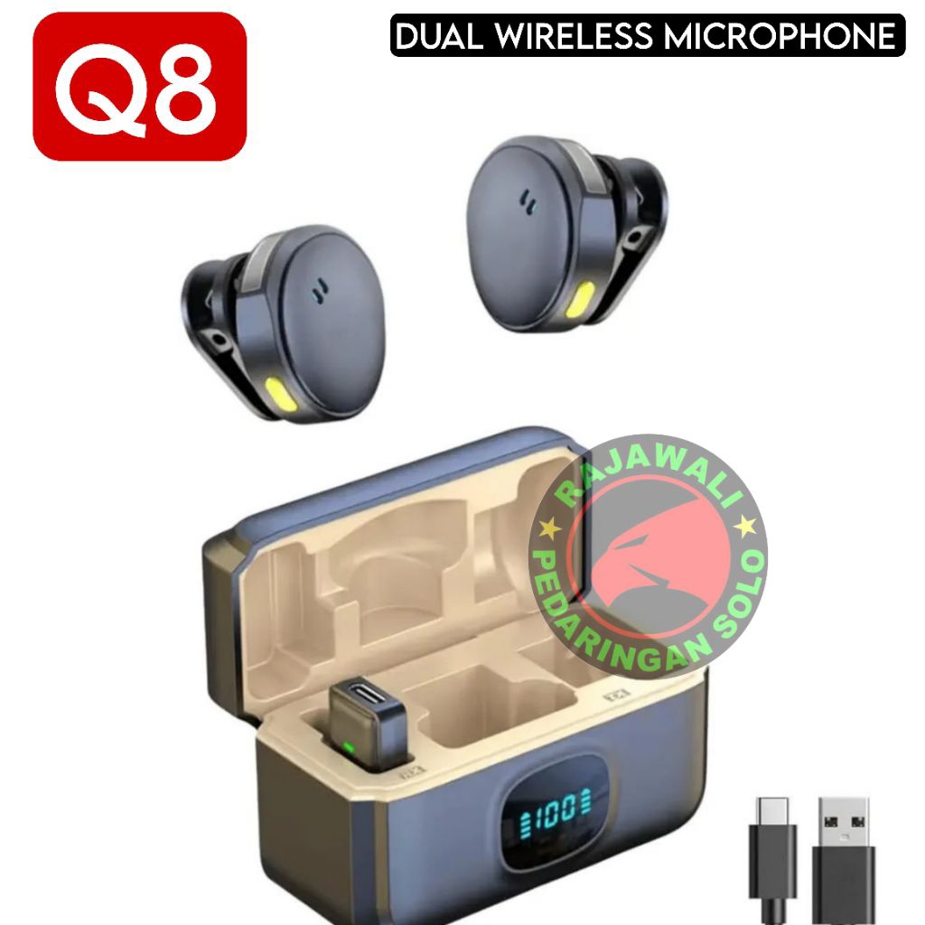 Microphone Wireless Q8 Dual Clip On | Mic HP iPhone Android Type-C | Mic Kamera Vlog Podcast Meeting