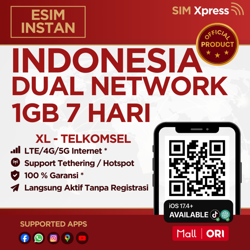 SIM XPRESS - eSIM Roaming XL Indonesia 1 GB Data | 7 Hari | eSIM Roaming