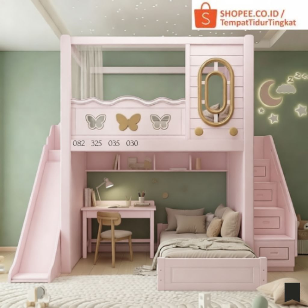 Kasur Tingkat Anak Perempuan Meja Belajar , Tempat Tidur Perosotan Kayu Solid