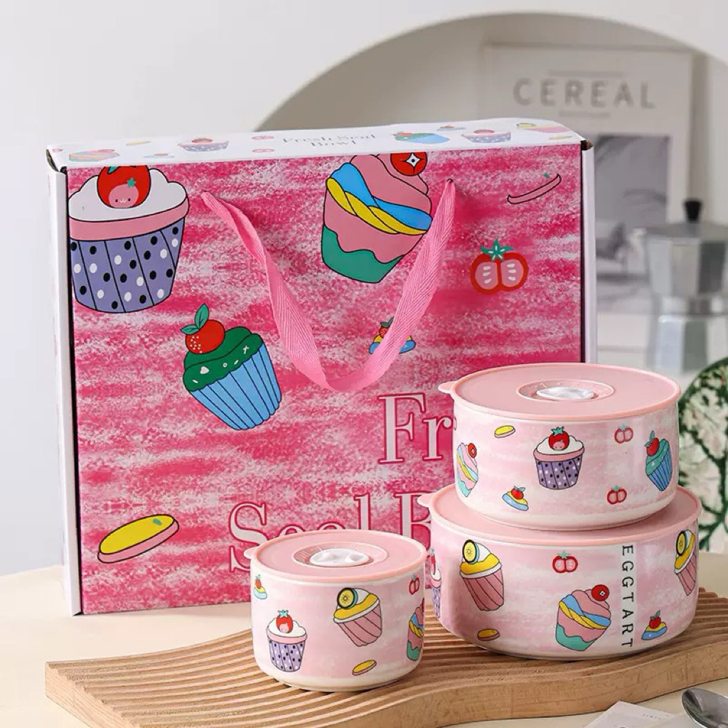 Three Piece Set Sealed Bowl Instant Noodle Bowl Microwave / 3 Pcs Set Mangkok Tutup Seal