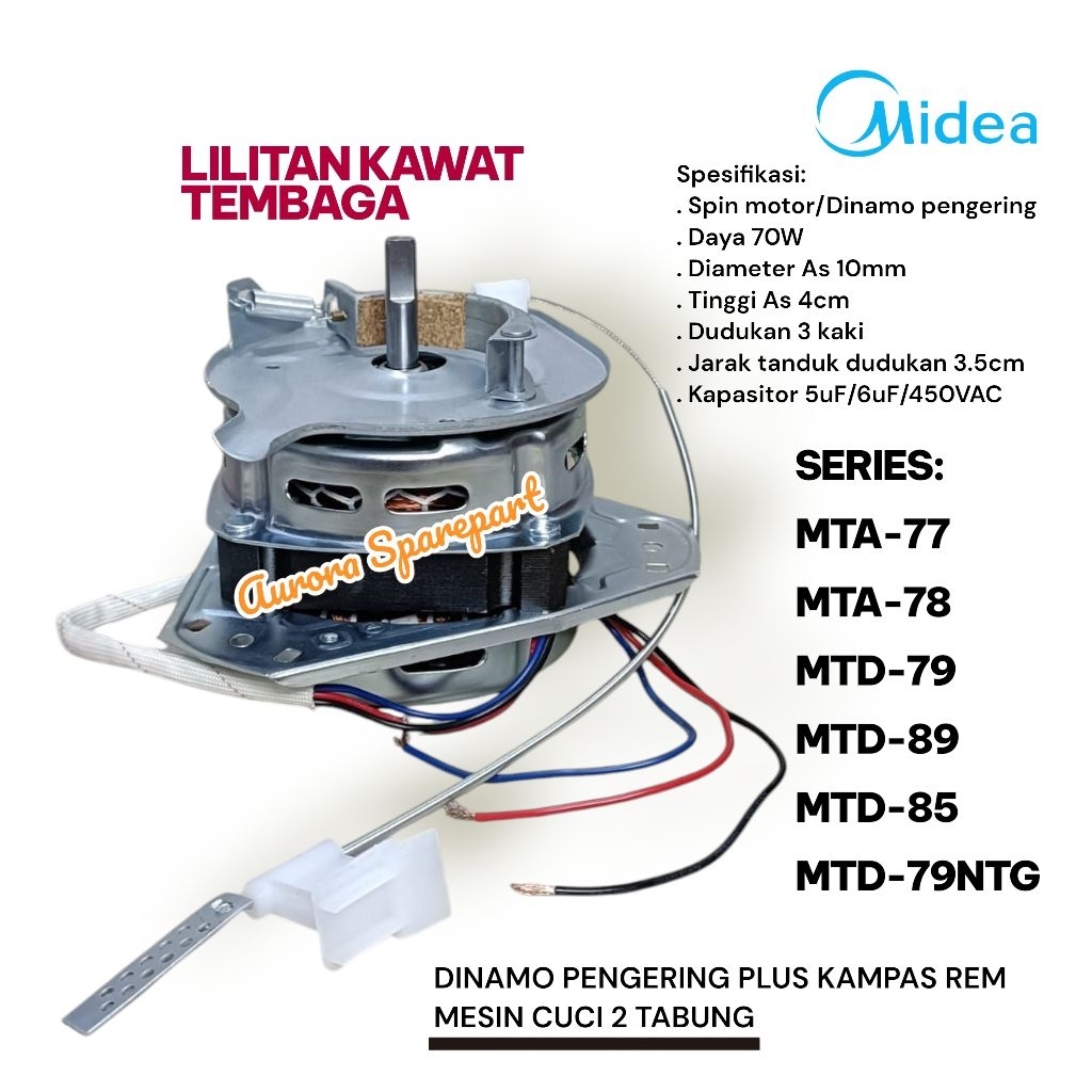 Dinamo pengering Midea plus Rem Lilitan kawat tembaga MTA-77 MTA-78 MTD-79 MTD-89 MTD-85 MTD-79NTG