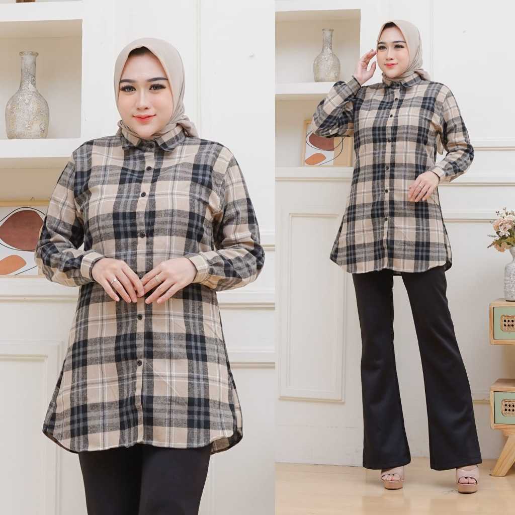 Kemeja Tunik Flanel Wanita Motif Kotak Garis Atasan Muslim
