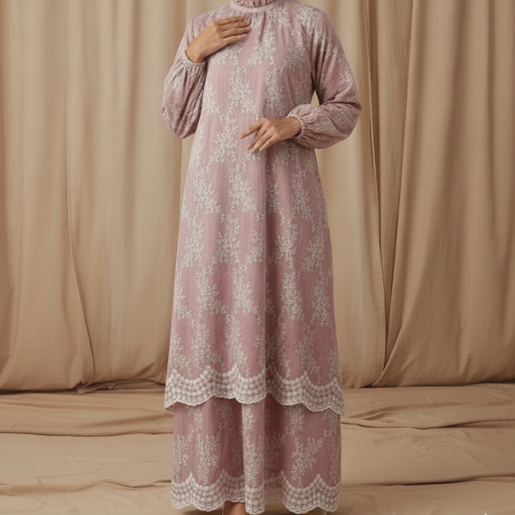 Aeni Hijab - Baju Muslim Wanita - Gamis Renda - Dusty Pink
