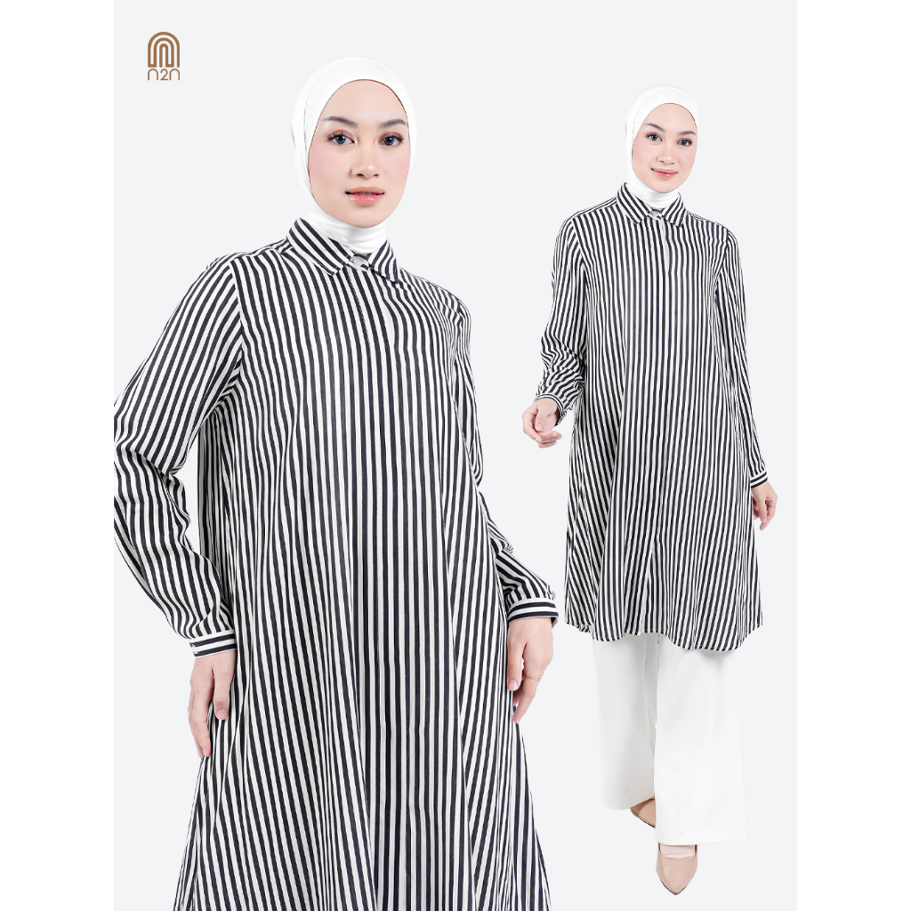 Alesha Kemeja Tunik Atasan Wanita Rayon Lengan Panjang Motif Garis - N2N