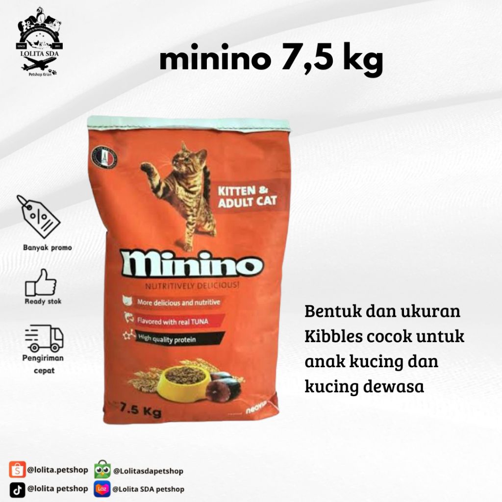 minino kitten & adult kemasan 7,5kg makanan kucing minino