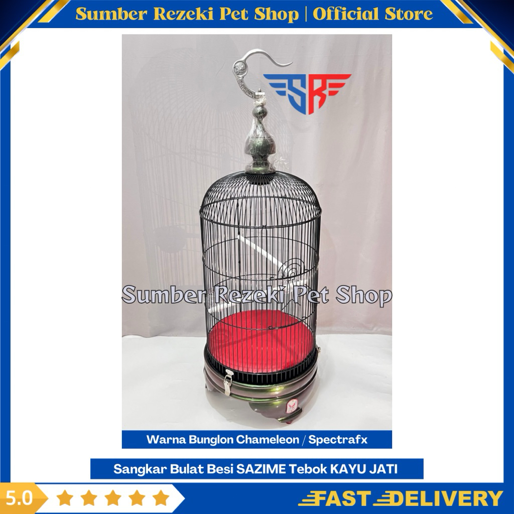 Sangkar Bulat Besi Import SAZIME Tebok Kayu Jati Bunglon Chameleon Kandang Burung LB Kenari Sogon Ko