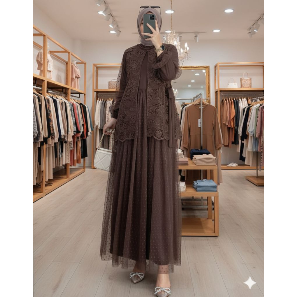 SETELAN KONDANGAN GAMIS DAN OUTER BROKAT TERPISAH MODEL TERBARU 2026 GAMIS SET CARDIGAN BRUKAT KEKIN