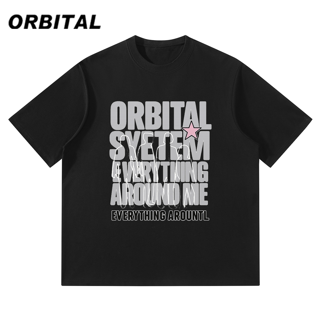 ORBITAL Kaos Graphic Hitam 230GSM — Bold Typography Pink Star Oversize Unisex
