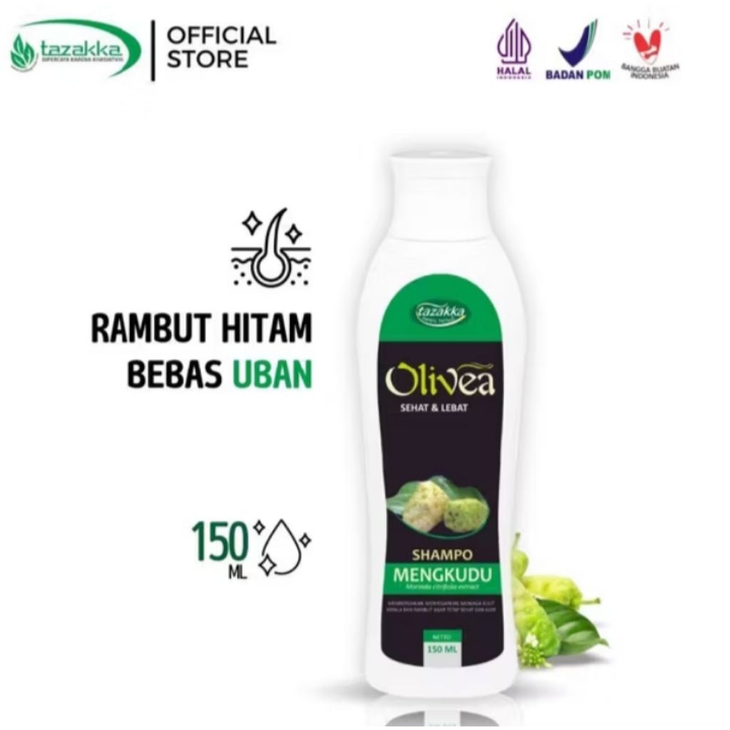 SHAMPO HERBAL MENGKUDU ASLI TAZAKKA. OLIVEA MENGKUDU 150 ml. MENGHITAMKAN & MENCEGAH RAMBUT BERUBAN.