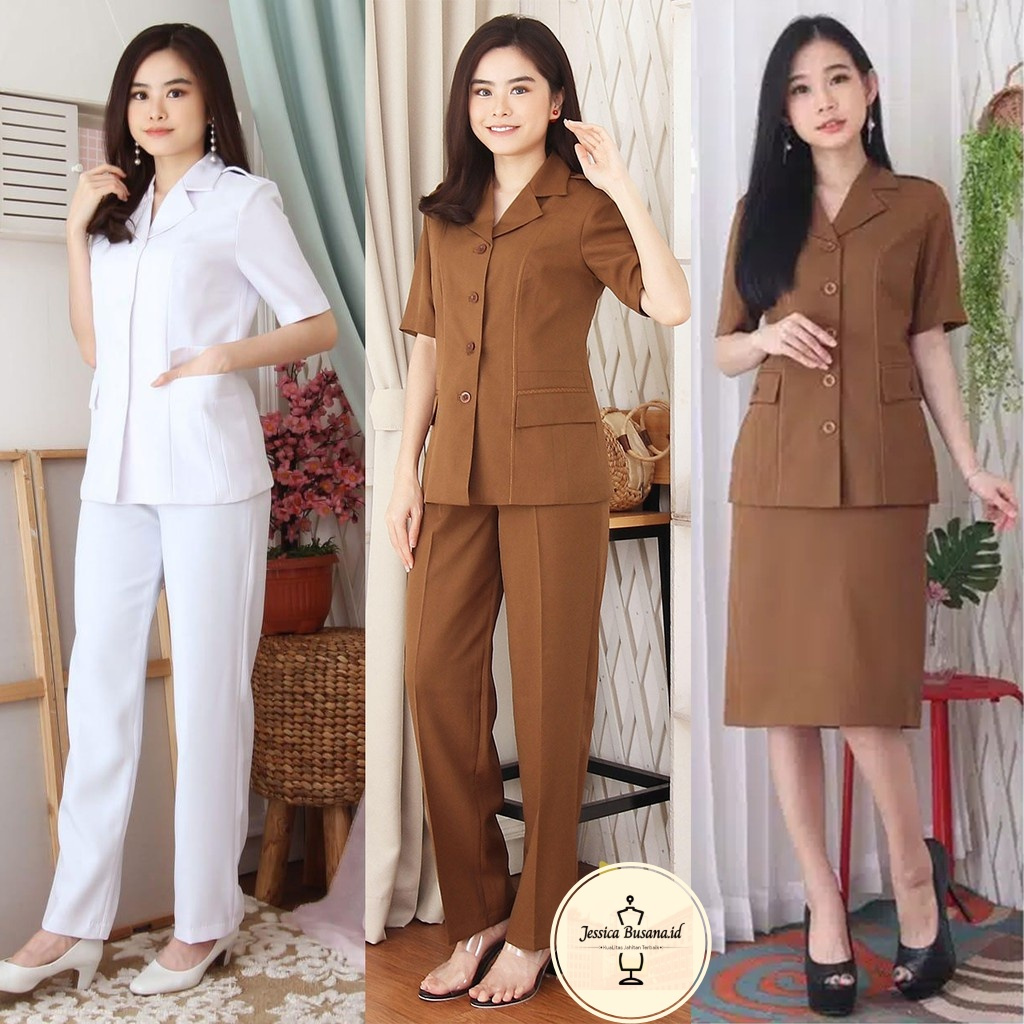 Jas Blazer Wanita Lengan Pendek Set Celana Panjang atau Rok Pendek Seragam Waskat PDH ASN Pendek