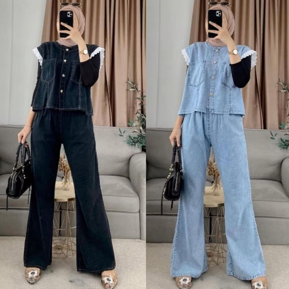 Setelan One Set Jeans  Wanita Bahan Jeans Washing Premium Model Rompi Vest / Set Jeans Wash Premium 