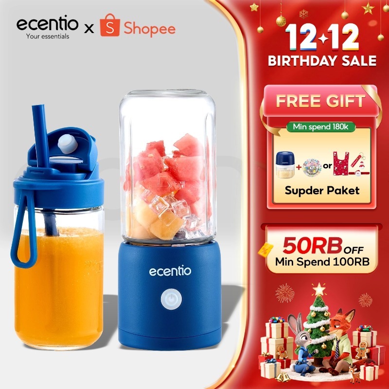 ecentio juicer blender 10 pisau juicer Kaca Tebal 2 Cup mini portable dengan sedotan 380ml+380ml