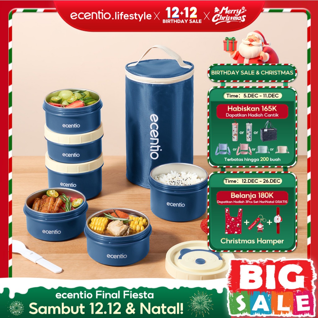 ecentio Tempat Bekal Makanan Tahan Panas Stainless Bekal Makan Set 3pcs Jepang Round Stainless Lunch