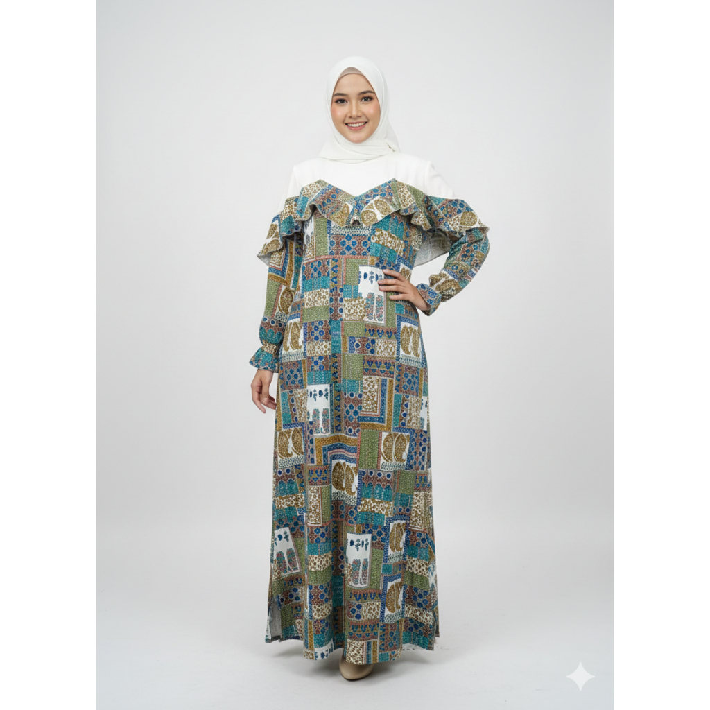 HEROS Gamis Kaos Scuba Sabrina Motif Etnik Busui Friendly Dress Muslim Jumbo LD 120 Model Terbaru Ke