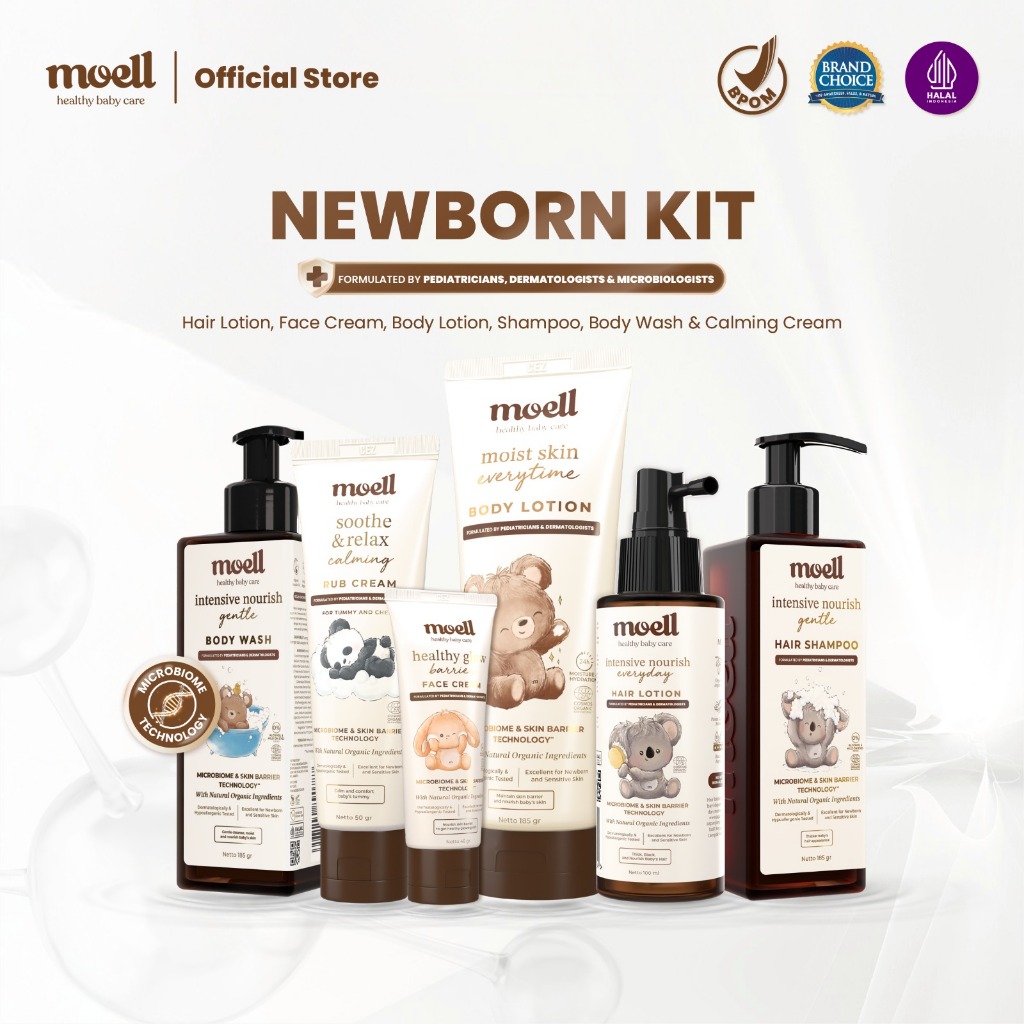 Moell Newborn Kit - Body Lotion 185gr & Face Cream 40gr & Calming Rub Cream 50gr & Body Wash 185gr &