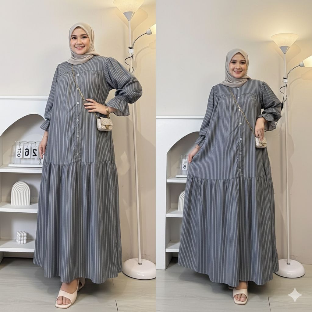 MIDI DRESS,gamis rayon premium model terbaru motif salur jumbo