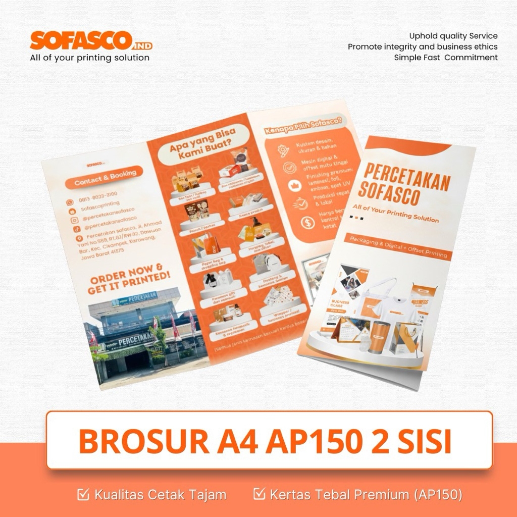 BROSUR UKURAN A4 AP150 BOLAK BALIK CUSTOM PROSES CEPAT PERCETAKAN SOFASCO