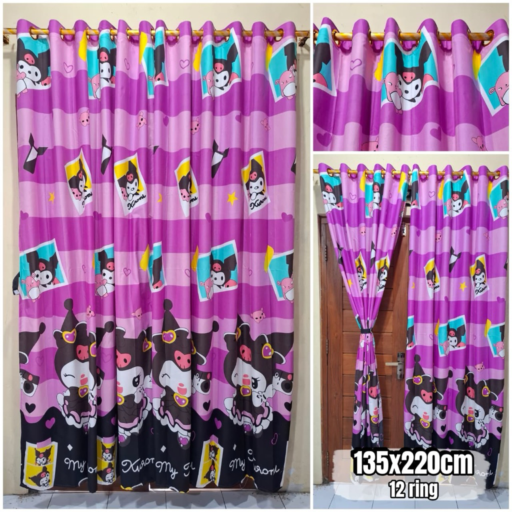 Gorden Lucu Motif Kuromi Best Tirai Jendhela Kamar Anak Motif Boneka Bahan Katun