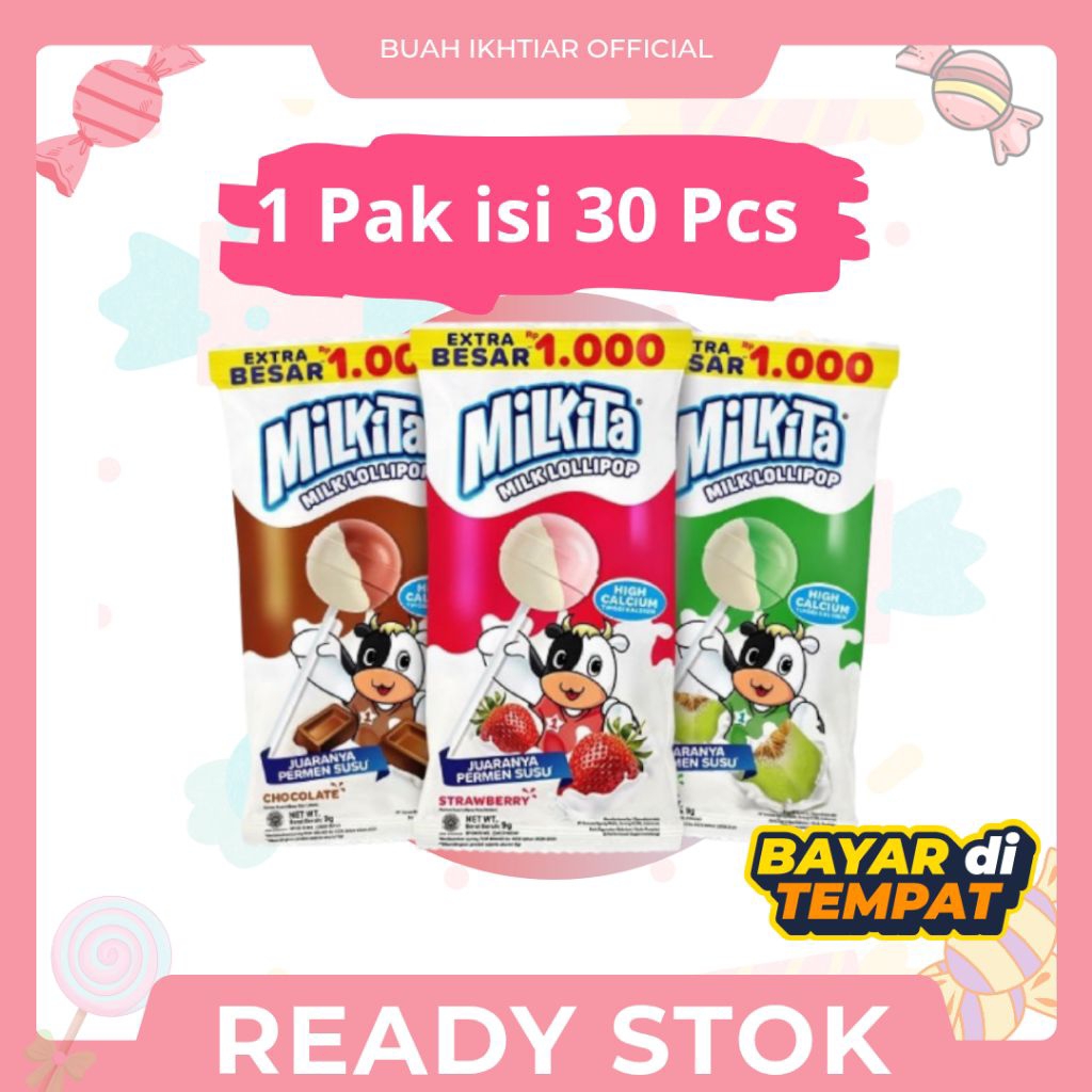 Milkita Lolipop Hanger Isi 30 Pcs - Permen Milkita Susu Aneka Rasa (Grosir Renceng)
