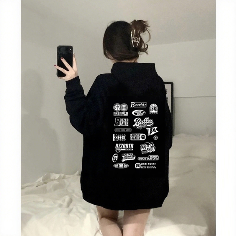 MONSEUR Hoodie lengan panjang wanita gaya Korea dengan motif huruf/Sweater Korea Lengan Panjang/Swea