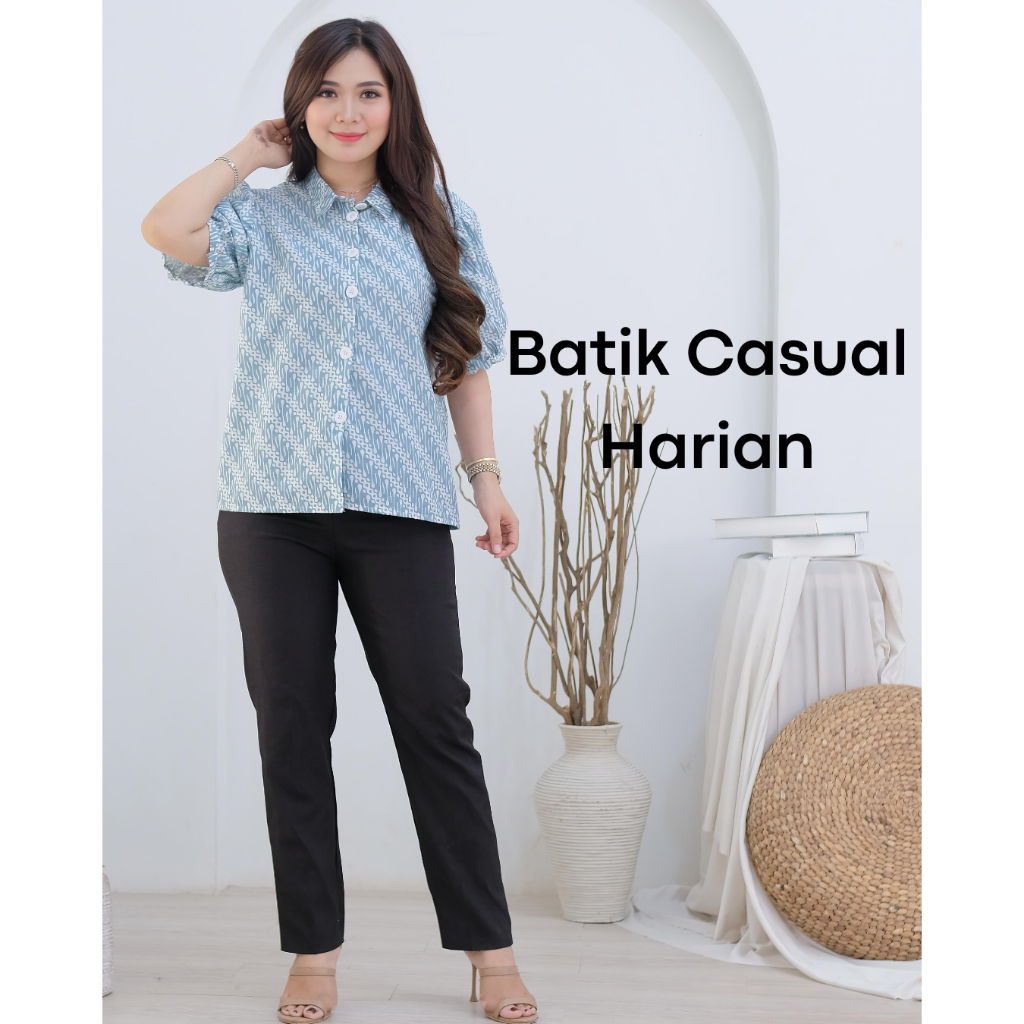Blouse Batik Wanita Casual Lengan Balon Atasan Batik Elegan Kerja & Santai