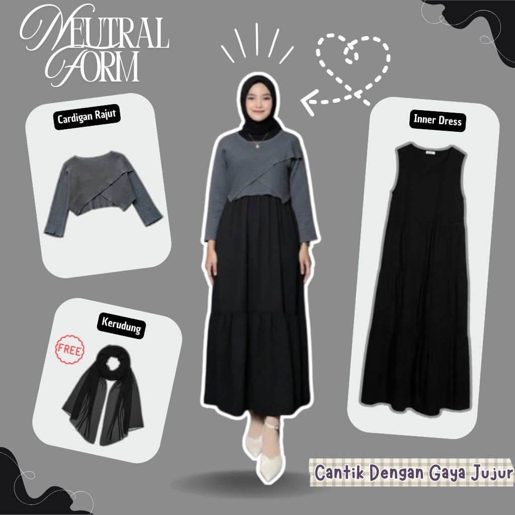 One Set Korean Style Outfit Wanita ( Cardigan Rajut Silang + Inner Dress + Hijab ) Ootd Remaja - 030