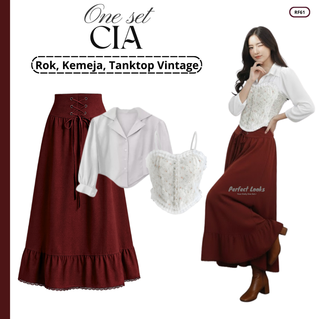 Setelan Atasan Rok | Rok Cheryl, Kemeja Crop, Tanktop Vintage | One Set Korean Style RF61