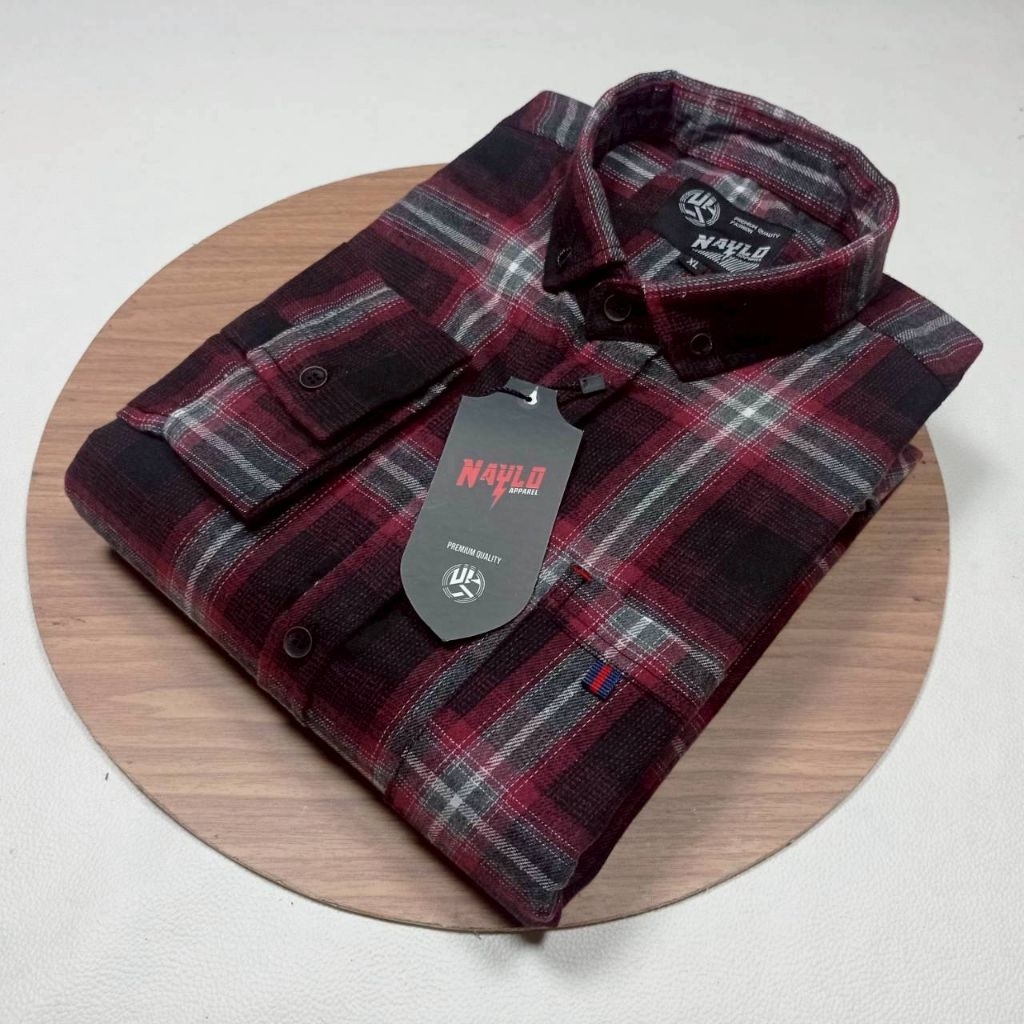 Kemeja Flanel Lengan Panjang Pria Abu Hitam Salur Putih