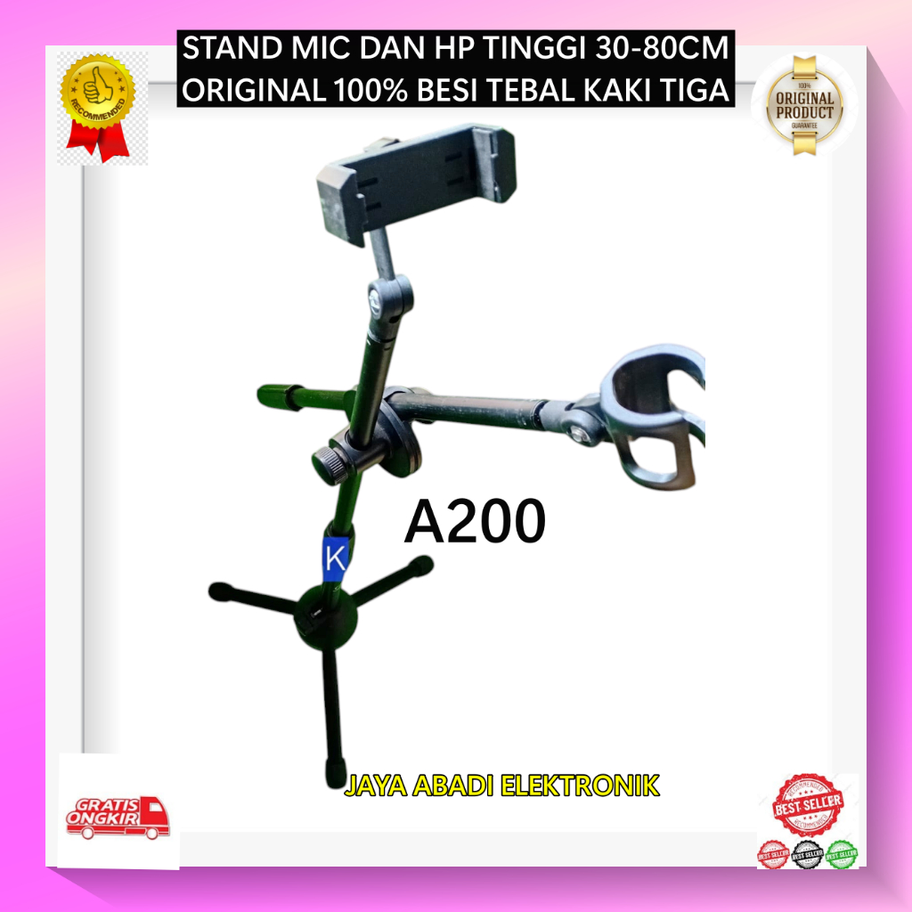 A200 ORI 100% HOLDER HP SHORT HANDPHONE DAN MIC H75 STAND MIC PENDEK KAKI TIGA 46 - 81 CM MiX GADGET