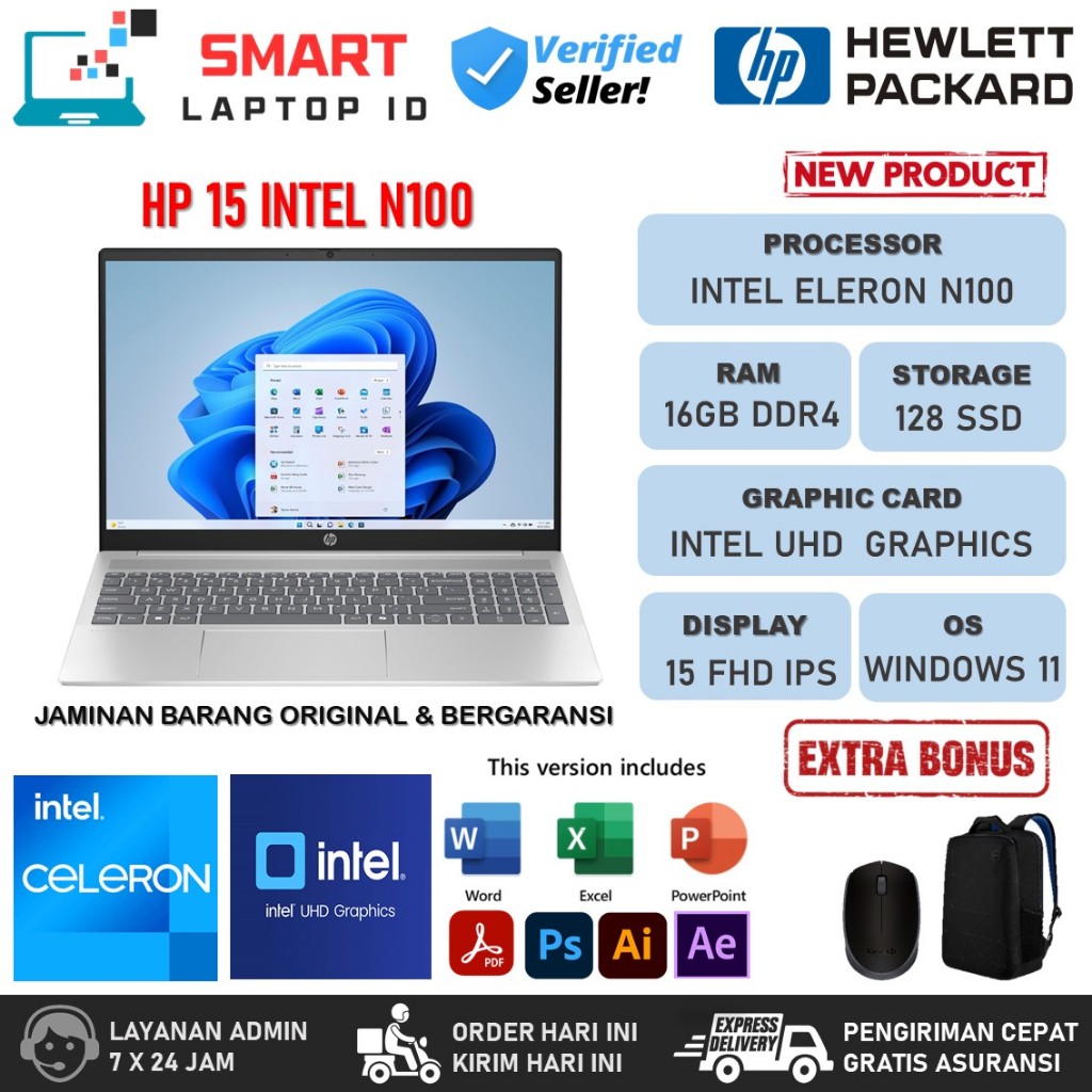 Laptop BARU HP 15 INTEL N100 16GB 384GB SSD 15.6 INC TOUCHSCREEN WINDOWS 11 HOME BLUE