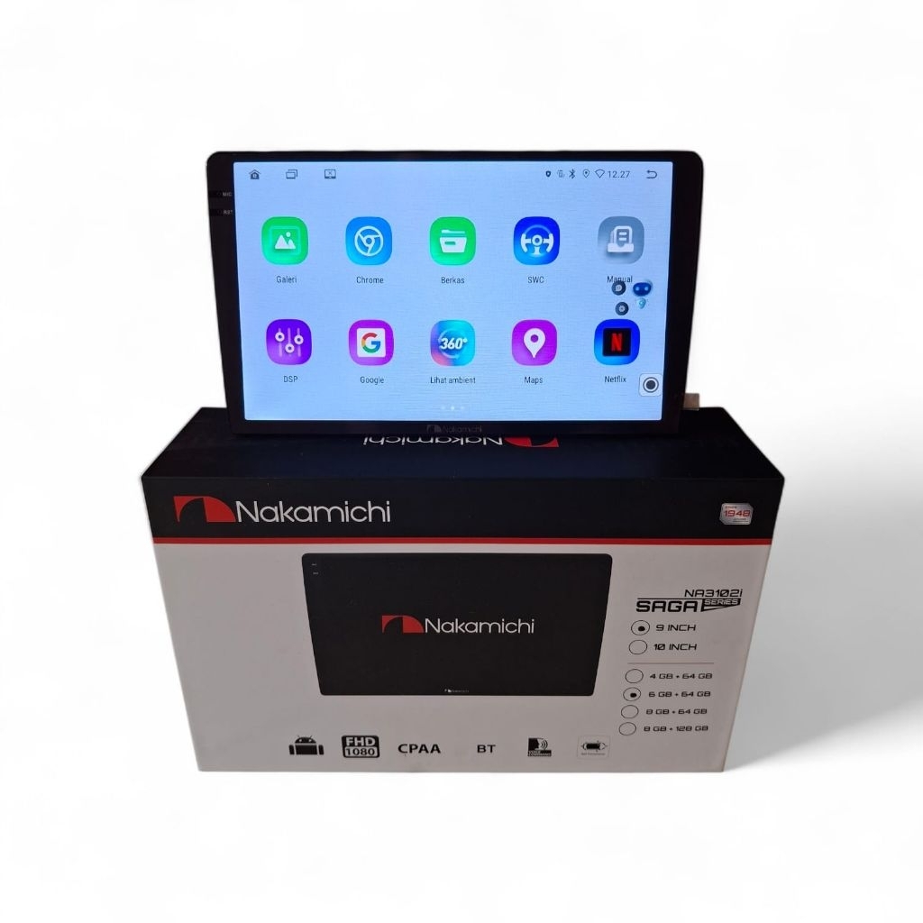 Head unit android 9 inch nakamichi saga na3102i ram 6+64 support 360+voice command