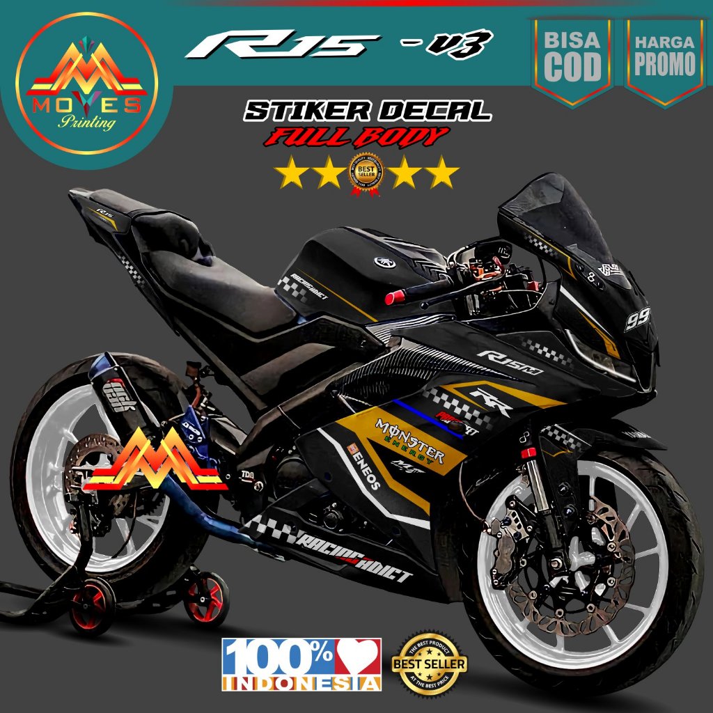 Decal stiker R15 V3 full body variasi monster hitam / stiker motor yamaha R15 V3 full body