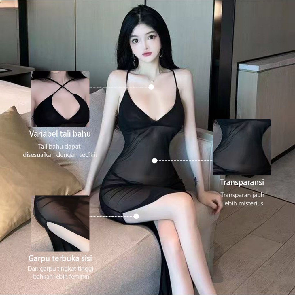 Sexy Baju Dinas Transparan Kain Tulle Hitam Bodycon Gaun Ukuran Besar Dugem Sexy Lingerie
