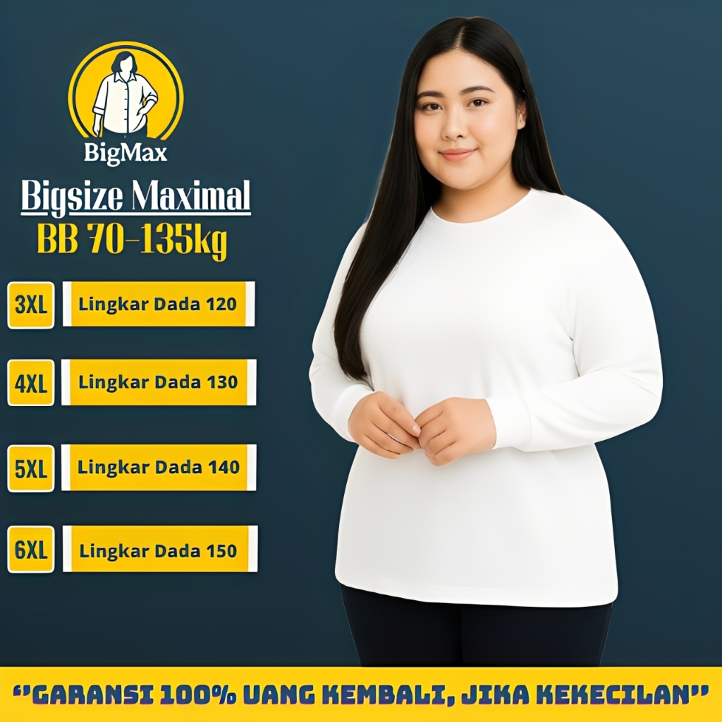 Kaos Oversize Wanita Lengan Panjang Polos Jumbo LD 120 130 140 150 Cotton Premium Putih