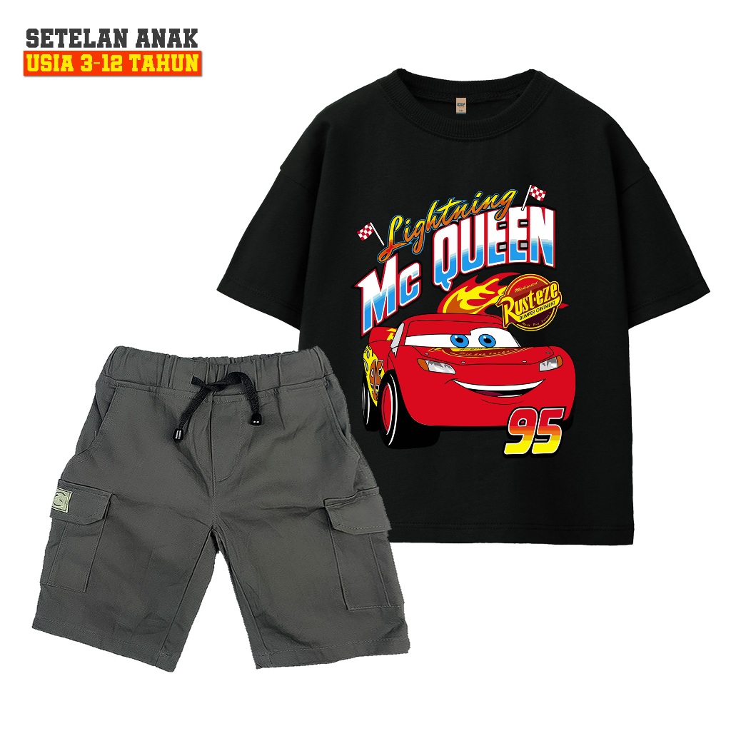 Baju Setelan Lightning McQueen 95 Anak + Celana Cargo Tebal Banyak Warna Untuk Anak Cowok 3–12 Tahun