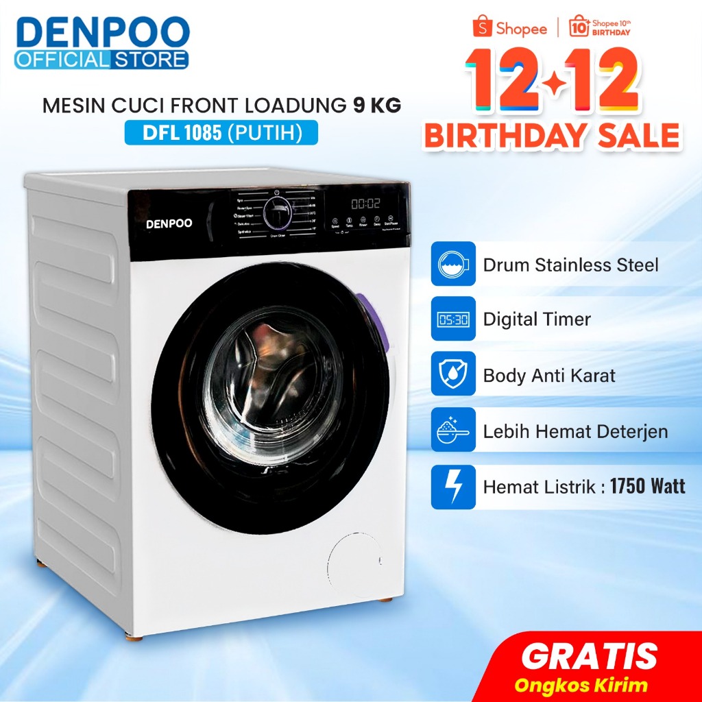 Denpoo Mesin Cuci Front Loading 1 Tabung DFL-1085 (9KG)