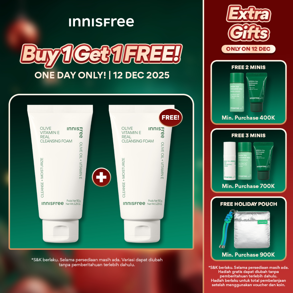 [12.12 Special] Buy 1 Get 1 Innisfree Olive Vitamin E Real Cleansing Foam 150g - Sabun Cuci Wajah Ku