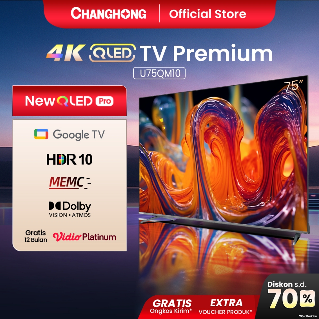 Changhong QLED TV 4K 75 inch Google Smart QLED PRO Digital TV Dolby Audio DBX-TV Google Play Netflix