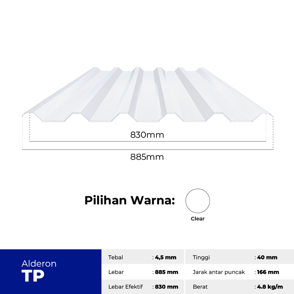 Alderon Atap Penerangan TP Clear 830 Lebar 83cm Panjang 4,5 & 6m Tebal 4.5mm Harga Per Mtr Warna Ben