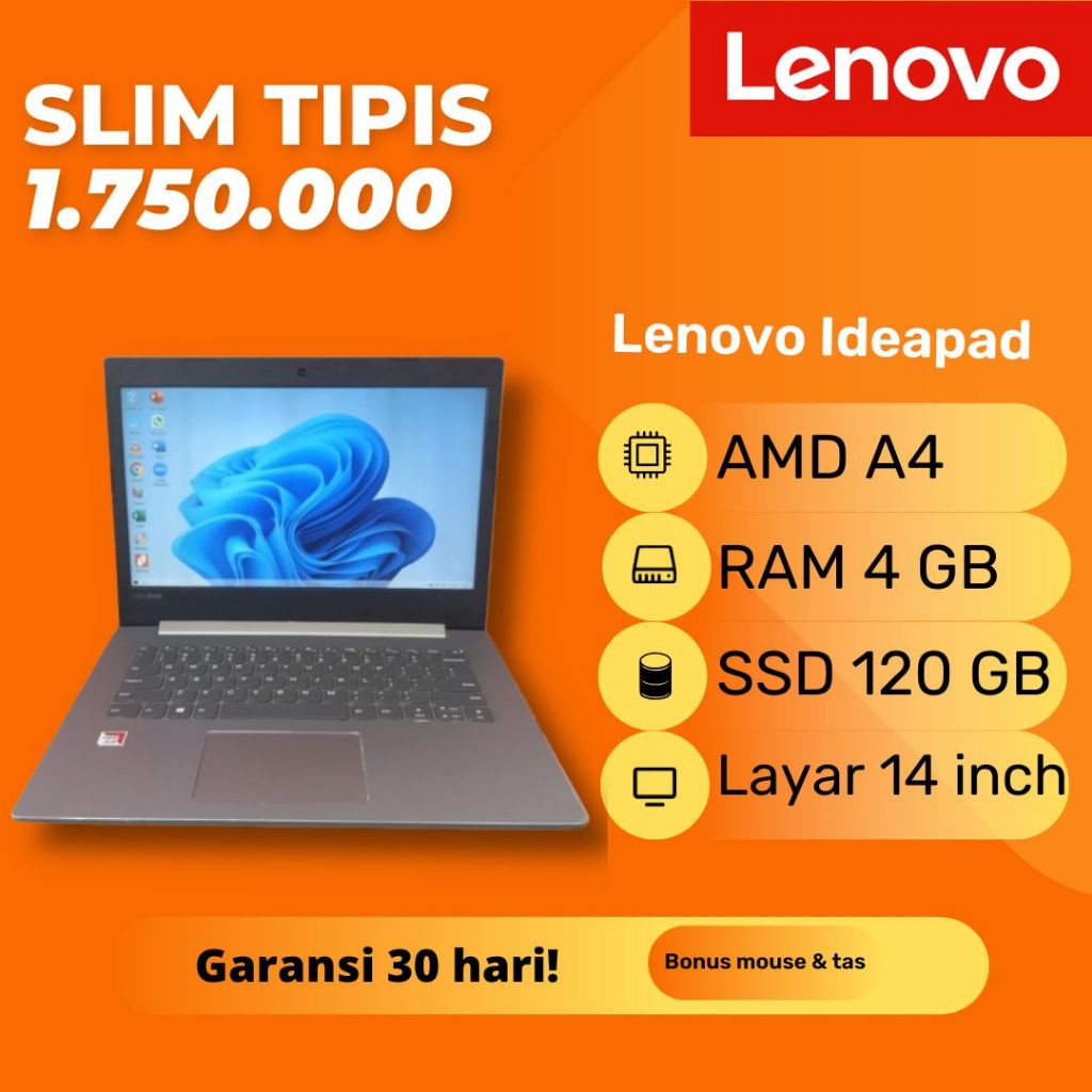 Laptop Lenovo ideapad 330-14AST Silver Slim Tipis AMD A4-9125 SSD 128GB RAM 4GB WIN 10 Second Bekas