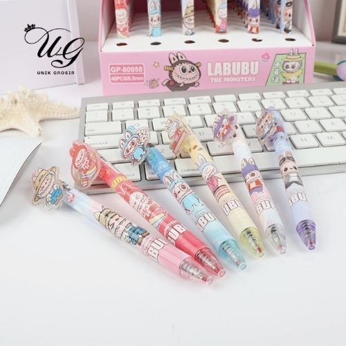 12 PCS/ 1 LUSIN PULPEN CETEK AKRILIK KARAKTER LABUBU PC-1522 PEN MODEL CETEK MEKANIK LUCU MURAG UNIK
