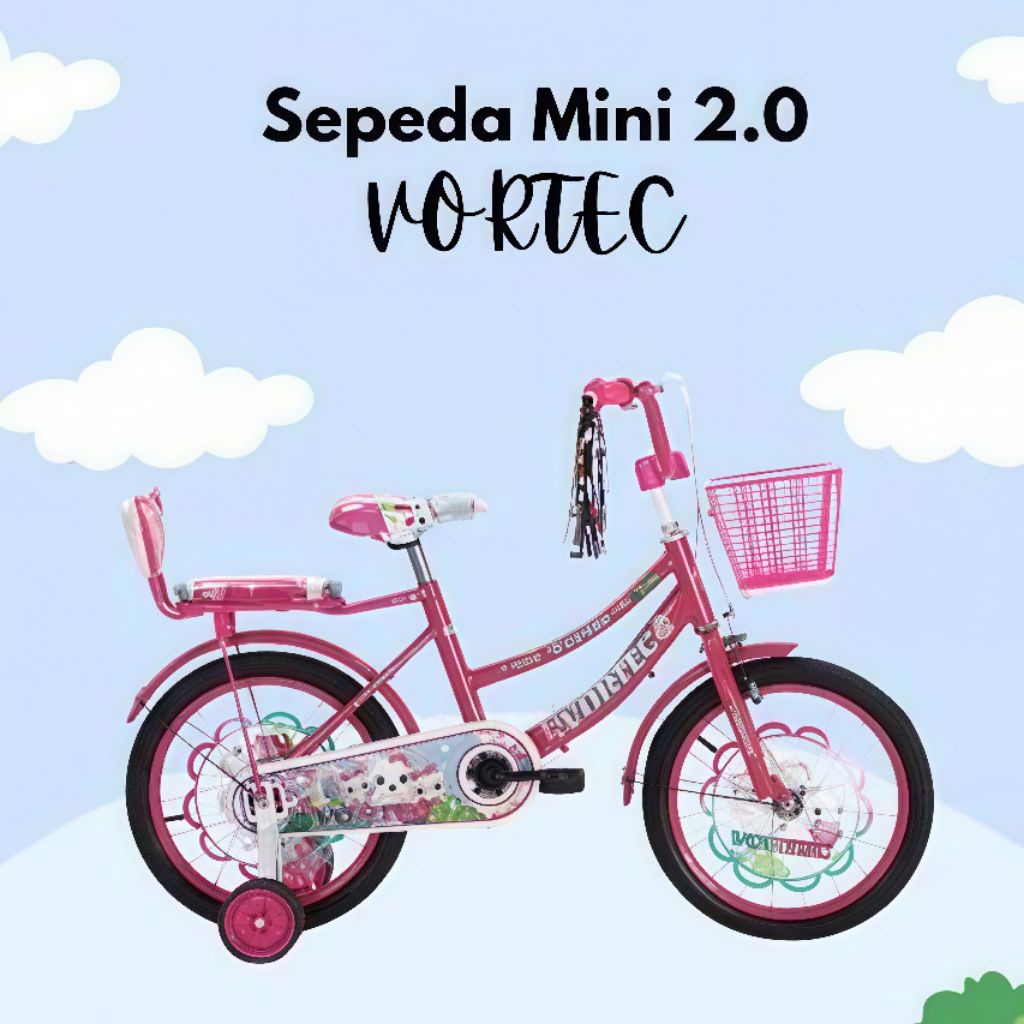 Sepeda Anak Perempuan Ukuran 16 Inch Vortec Tipe 2.0 Dengan Boncengan Belakang Senderan Keranjang De