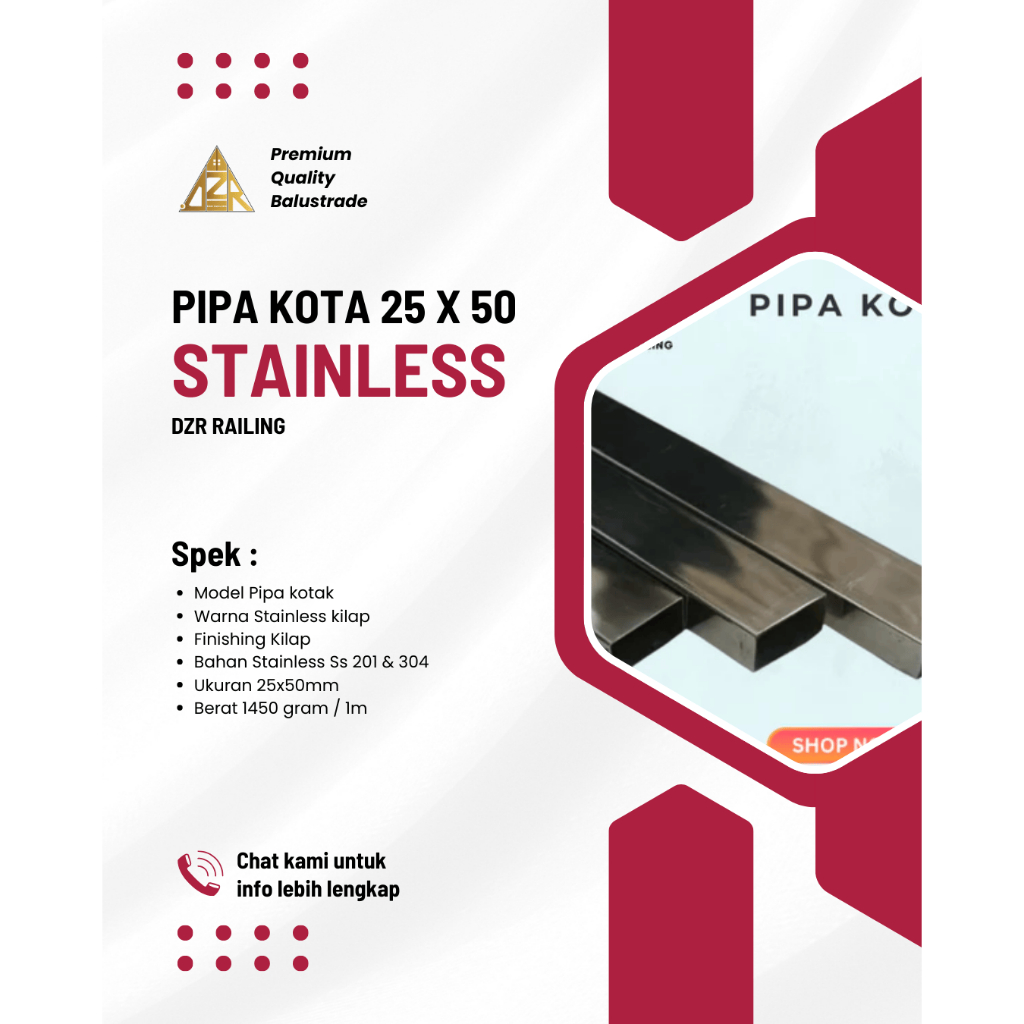DZR Pipa hollow Kotak Stainless UK 25 x 50 Sus 201 & 304