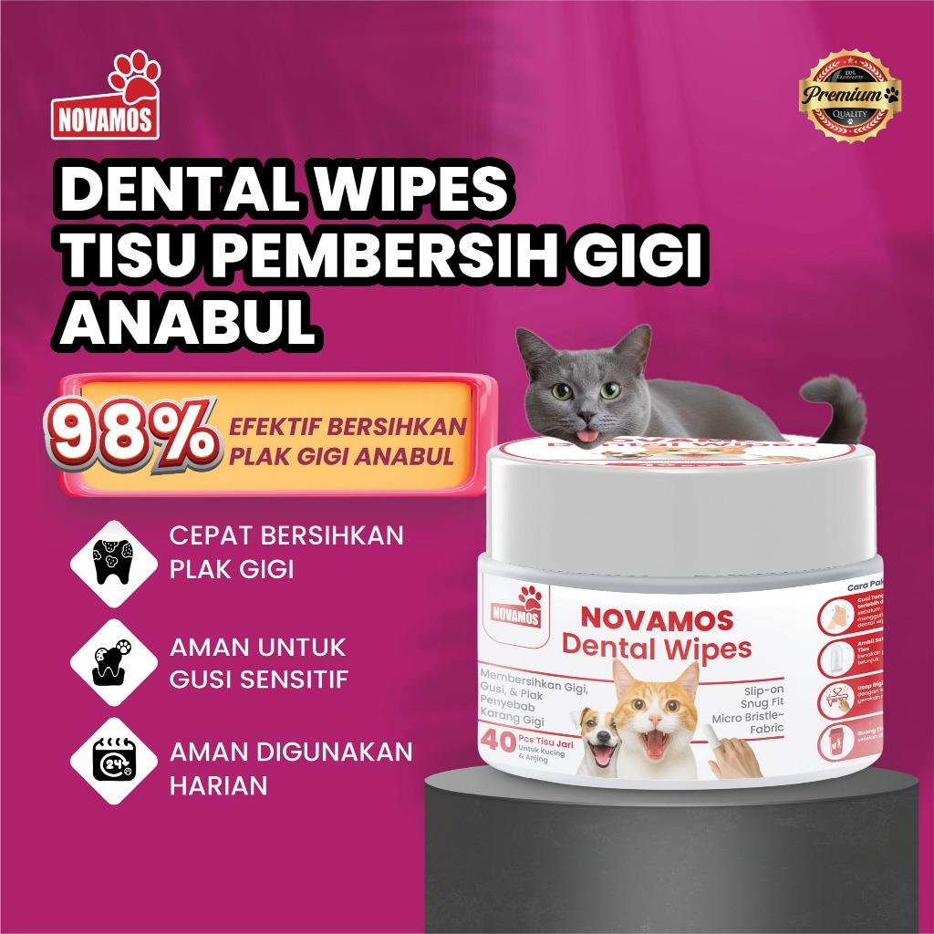 NOVAMOS Dental Wipes 40 Lembar Cara Mudah Bersihkan Gigi Anjing/Kucing, Bantu Cegah Penyakit Gusi da