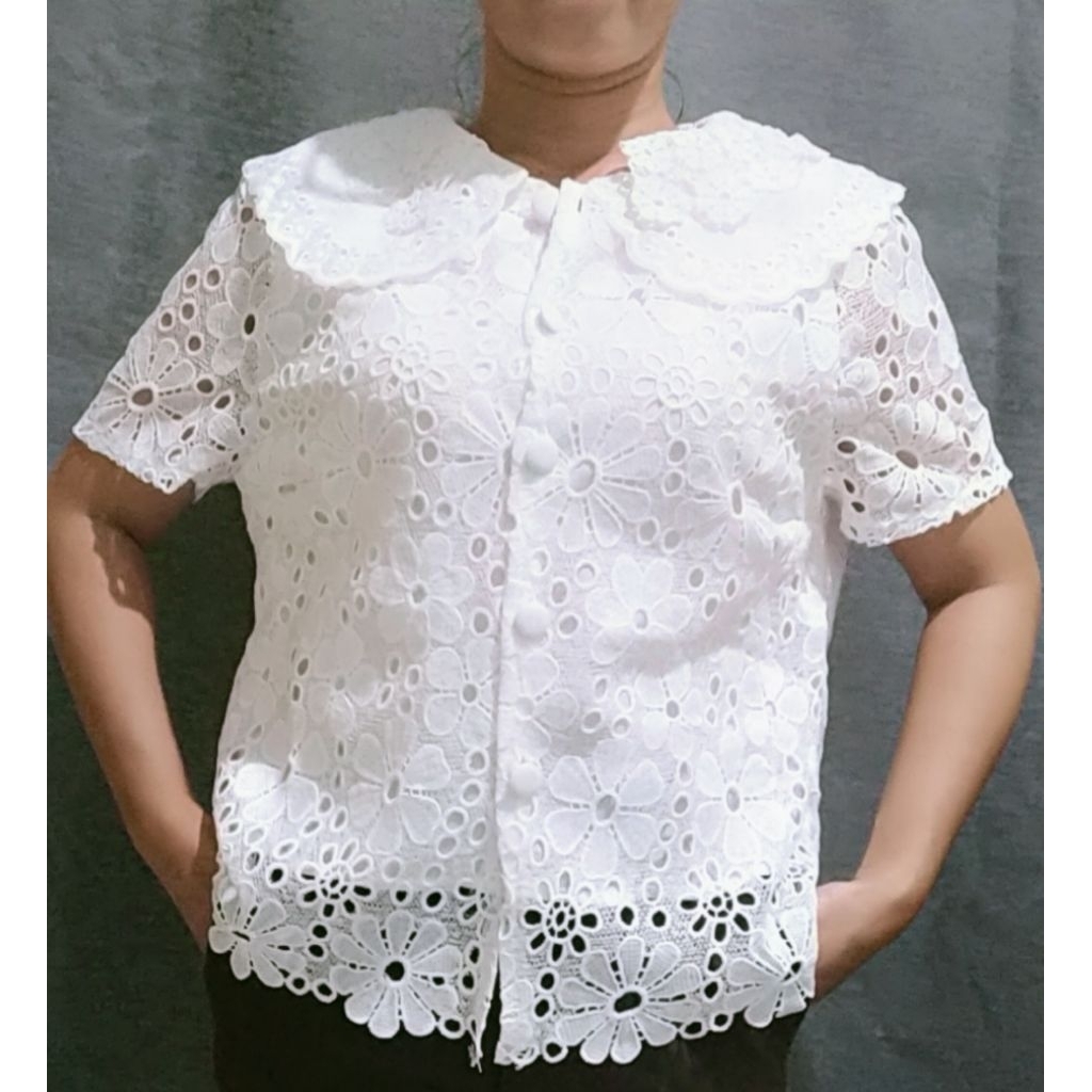 brokat bangkok | atasan wanita | blouse modern | putih | Ld 80-98