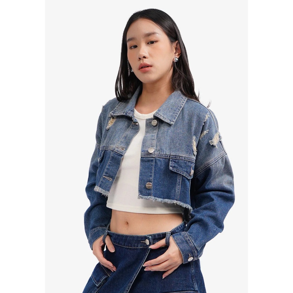 COLORBOX Ripped Denim Jacket Med Blue Jeans Jaket