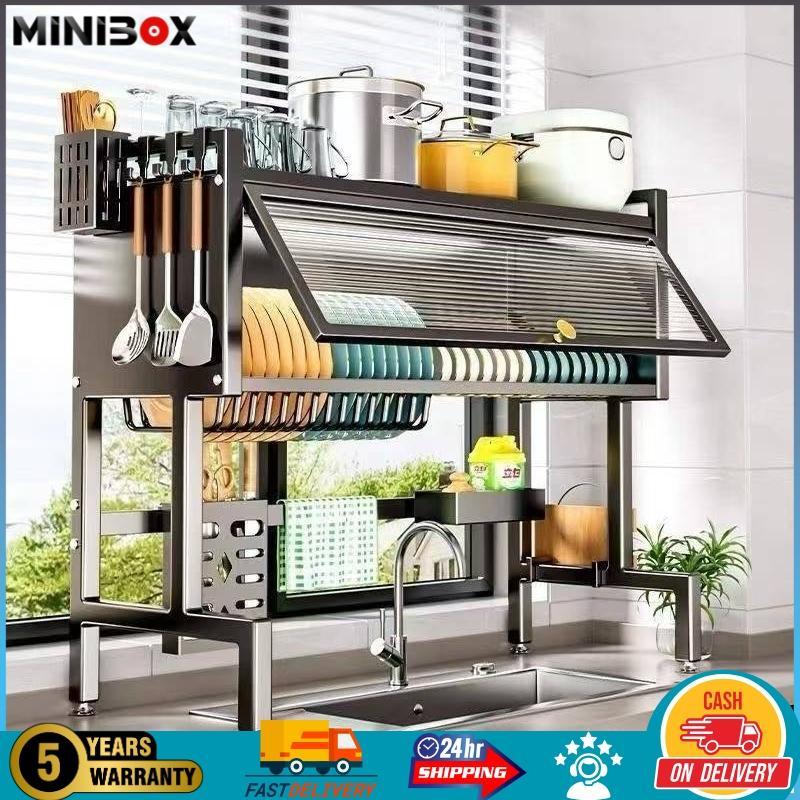 MiniMalisBox Rak Piring Wastafel Dapur Stainless Steel Multi-fungsi Dengan Penutup Rak Piring Tertut
